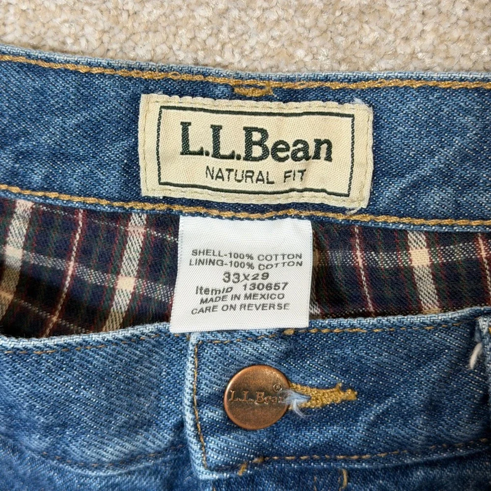 L.L. Bean Jeans Mens 33x29 Blue Flannel Lined Natural Fit Plaid‎ Denim 130657